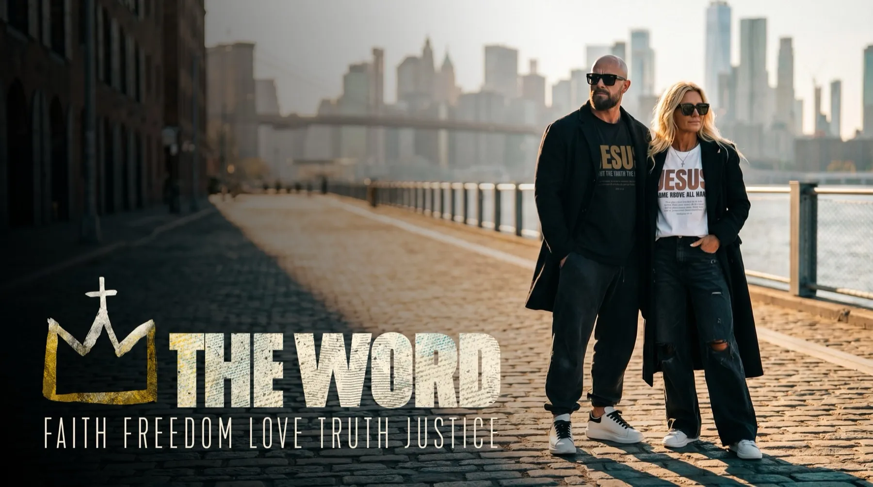 The Word - Krisztina Maria and Thomas Finn walking the Brooklyn waterfront, Manhattan skyline behind